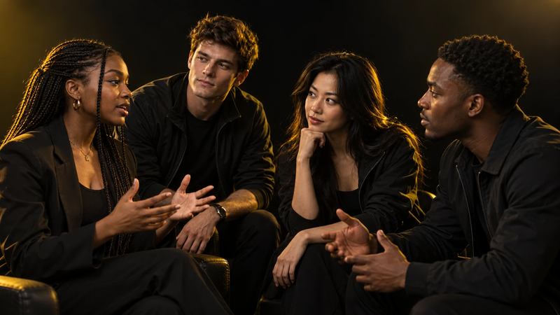 A diverse group of fictional STORM creators mid-conversation
